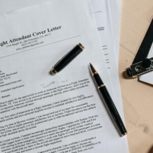A top view of coffee and job application documents with a magnifying glass on a wooden desk.